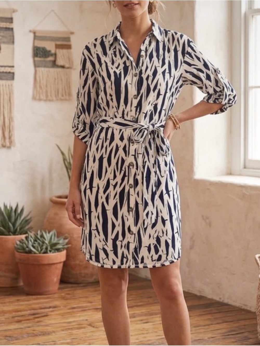 Laundry By Shelli Segal Navy & Cream Abstract Print Tie-Waist Shirt Dress